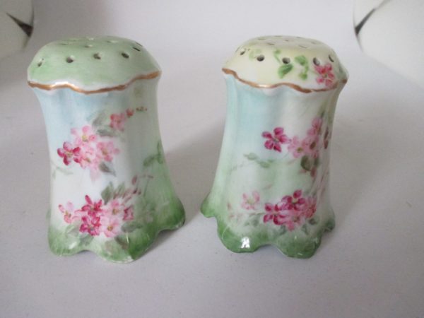 Antique hand painted salt & pepper shakers Victorian Era Pink floral light green gold gilt Porcelain cottage shabby chic collectible display