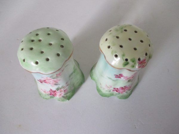 Antique hand painted salt & pepper shakers Victorian Era Pink floral light green gold gilt Porcelain cottage shabby chic collectible display