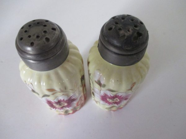 Antique hand painted salt & pepper shakers Victorian yellow Orange with Pink Floral Porcelain cottage shabby chic collectible display
