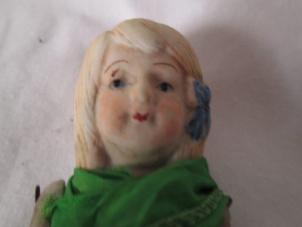 Antique Nippon Hand painted Bisque Doll 4 1/2" tall blue bow blond hair hand painted