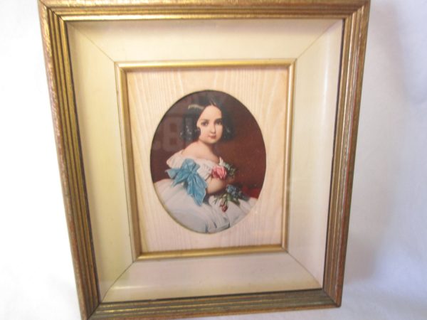 Antique Picture frame with Victorian girl picture gold and black frame wooden