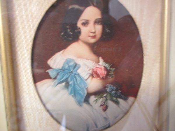 Antique Picture frame with Victorian girl picture gold and black frame wooden