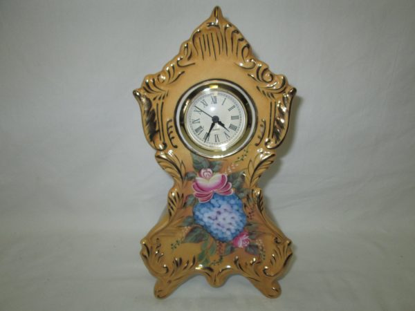Antique Porcelain HAND PAINTED Mantle clock floral with ROSE Back Quartz clock center