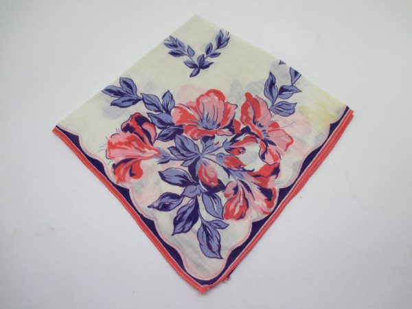 Beautiful Coral, blue and lavender floral Handkerchief Hanky great coloring Cotton