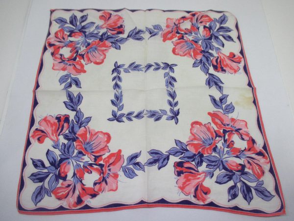 Beautiful Coral, blue and lavender floral Handkerchief Hanky great coloring Cotton