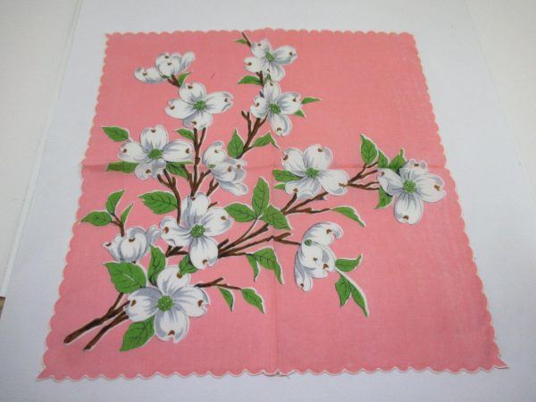Beautiful Coral Handkerchief Hanky with Dogwood Flowers  great coloring Cotton Scalloped white edge