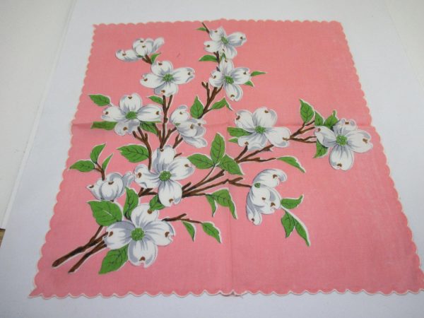 Beautiful Coral Handkerchief Hanky with Dogwood Flowers  great coloring Cotton Scalloped white edge