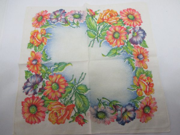Beautiful Floral Handkerchief Hanky orange green and purple large floral great coloring Cotton