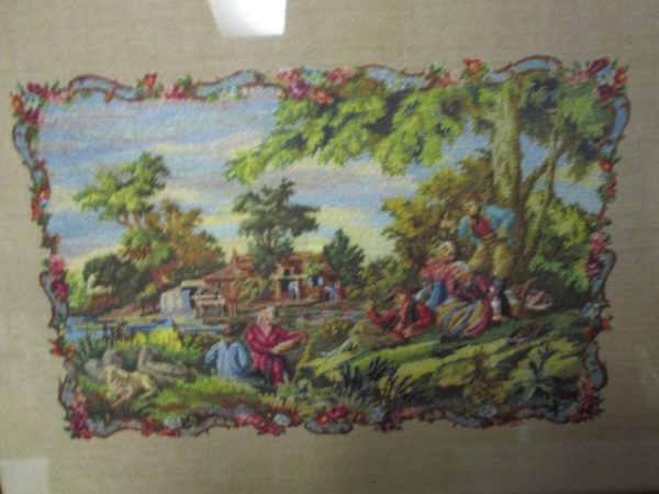 Beautiful Mid Century Victorian Style Printed Scene in wooden gold frame called petite point 9"x12"