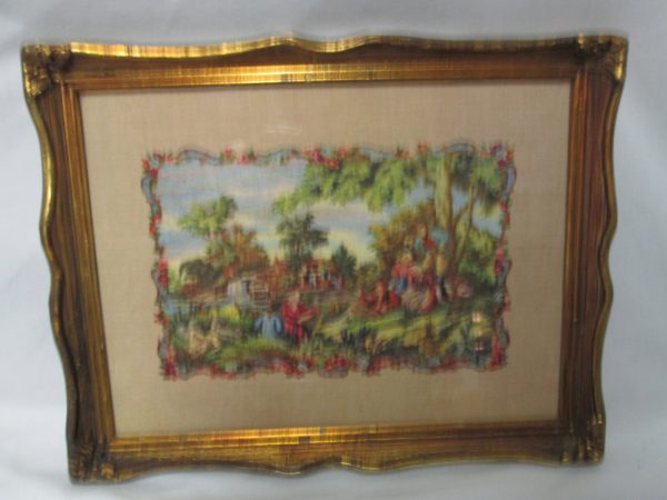 Beautiful Mid Century Victorian Style Printed Scene in wooden gold frame called petite point 9"x12"