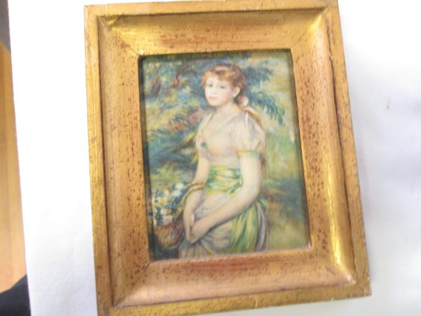 Beautiful painted portrait on silk in gold wooden frame Victorian portrait 5 1/4" x 4 1/2" wall art wall home decor