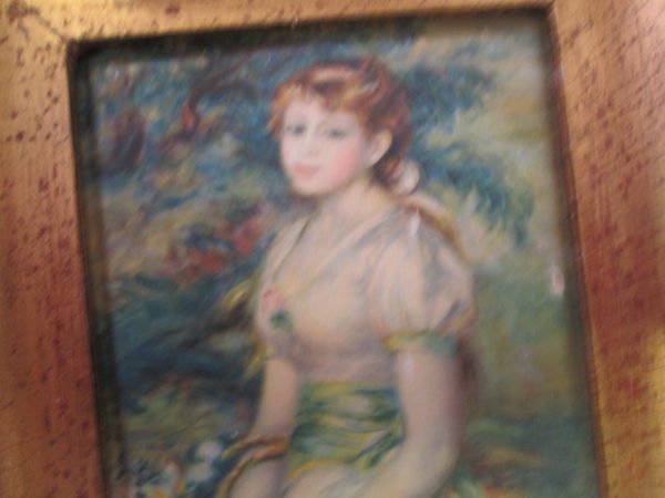 Beautiful painted portrait on silk in gold wooden frame Victorian portrait 5 1/4" x 4 1/2" wall art wall home decor