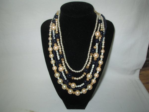 Beautiful Vintage 5 strand Liz Claiborne Navy and Faux Pearls with Gold trim beads and clasp 20" long