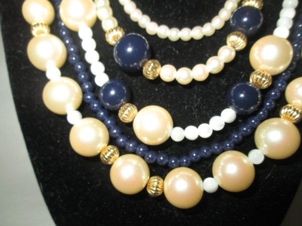 Beautiful Vintage 5 strand Liz Claiborne Navy and Faux Pearls with Gold trim beads and clasp 20" long
