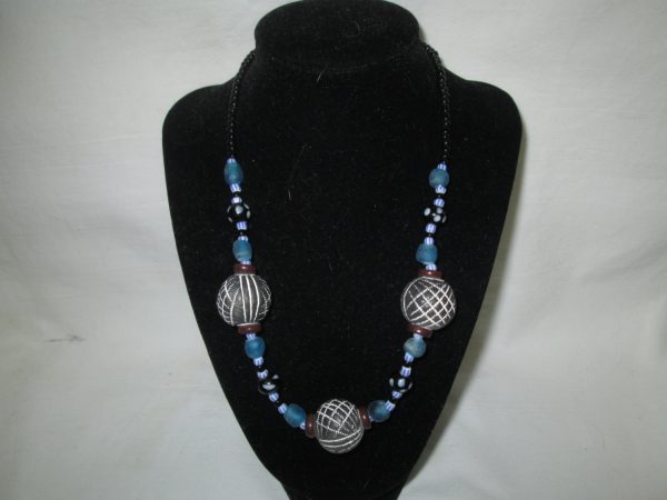 Beautiful Vintage Black Burgundy and blue beaded necklace glass with black polka dot beads & blue striped beads