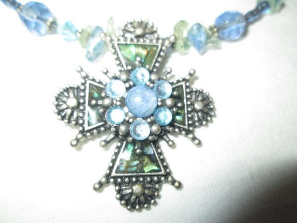 Beautiful Vintage Blue and Silver Choker Necklace Beaded with Silver tone cross with Abalone