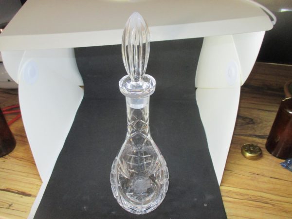 Beautiful Vintage Liquor Decanter Crystal with ground crystal stopper Beautiful etched Roses 16" tall Collectible display cottage modern