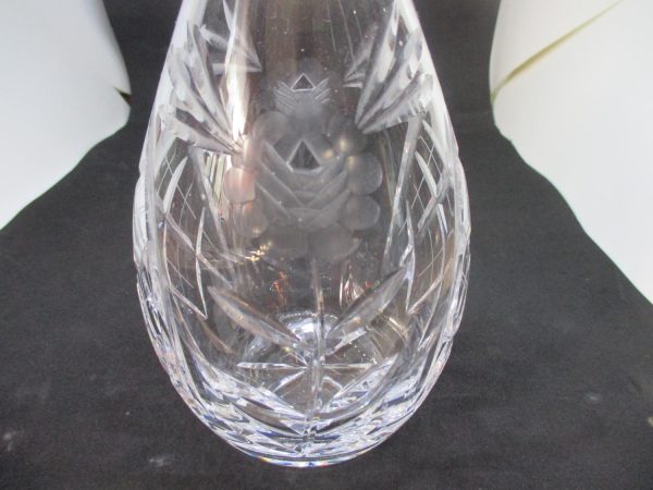 Beautiful Vintage Liquor Decanter Crystal with ground crystal stopper Beautiful etched Roses 16" tall Collectible display cottage modern