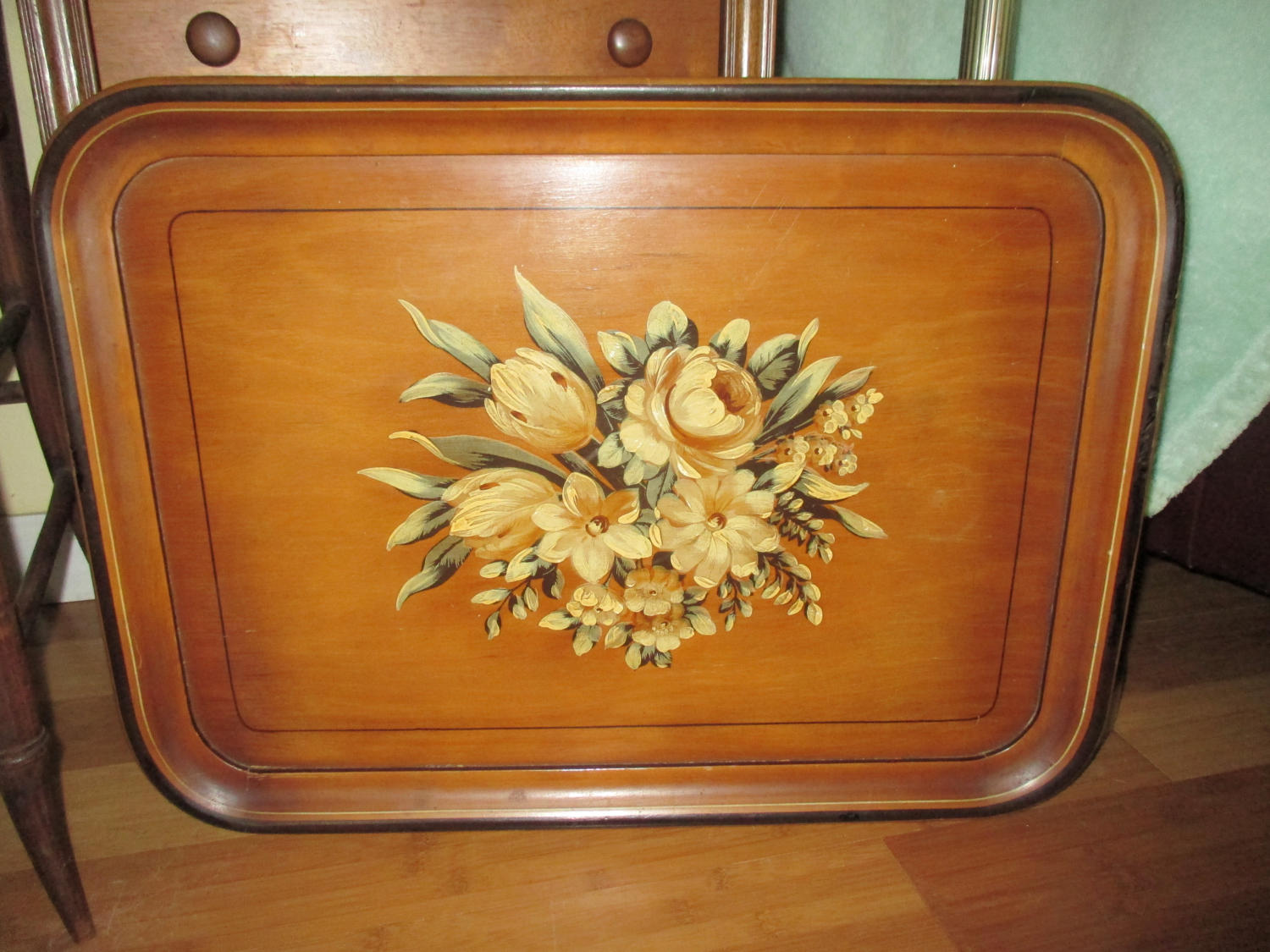 Beautiful Wooden Tole painted large floral tray Robinhood 