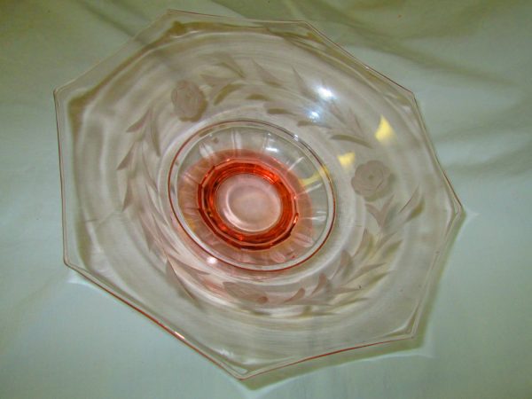 Fantastic Etched Pink Depression Glass Footed Center Bowl Floral etching