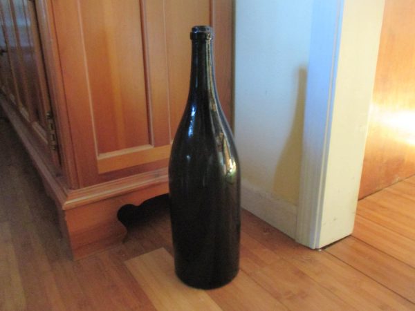 Mid Century Modern Giant Champagne Bottle Green Glass 19" tall display barware collectible cottage lodge bar cabin dining serving kitchen