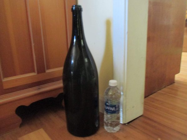 Mid Century Modern Giant Champagne Bottle Green Glass 19" tall display barware collectible cottage lodge bar cabin dining serving kitchen