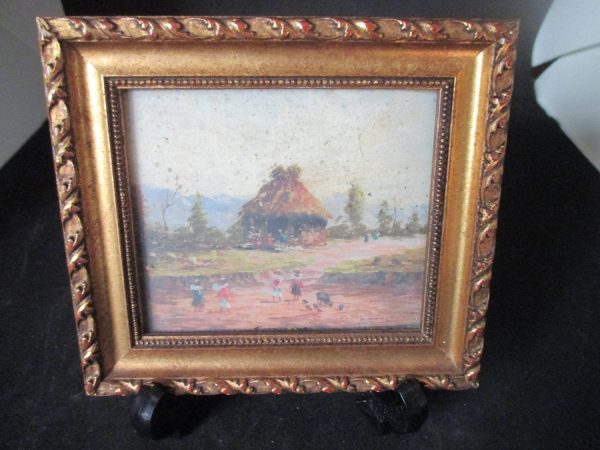 Miniature Framed Print Thatch hut with children  and animals in the front yard Maison LeCel Mid century gold wooden frame decor wall art