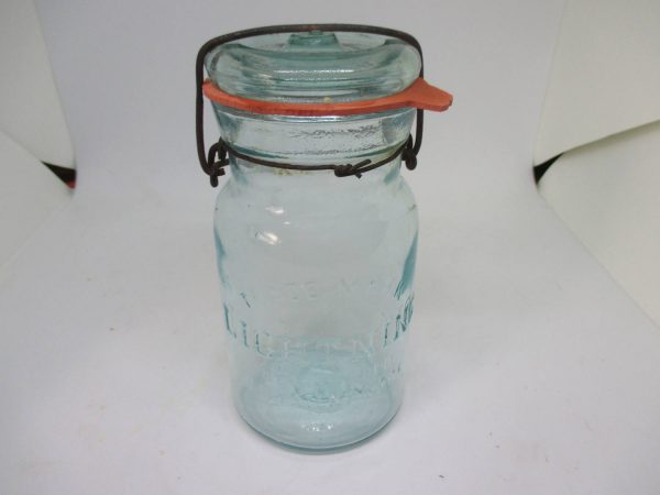 RARE 1880's Aqua Lightning Putnam Glass Canning Jar lid bail wire Cottage Farmhouse Collectible Display marbles buttons storage kitchen