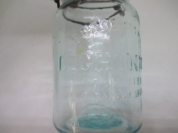 RARE 1880's Aqua Lightning Putnam Glass Canning Jar lid bail wire Cottage Farmhouse Collectible Display marbles buttons storage kitchen