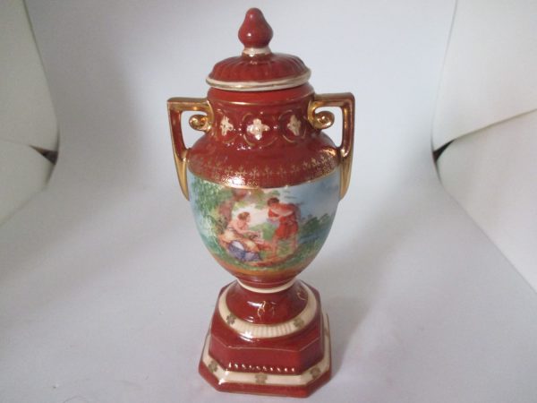 Victorian Era Covered hand painted Urn vase figurine Courting couples front & back collectible display cottage Victorian decor Erphila Czech