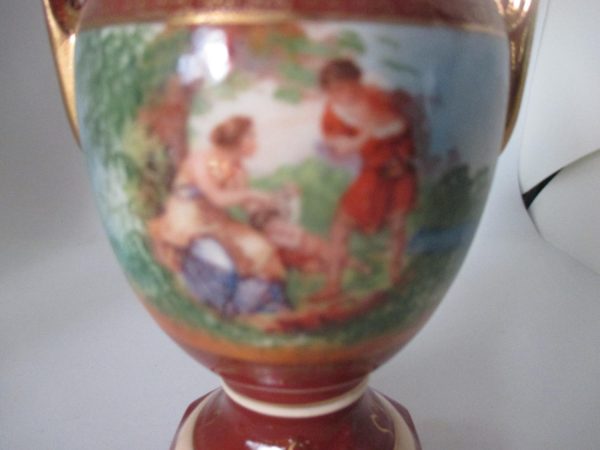Victorian Era Covered hand painted Urn vase figurine Courting couples front & back collectible display cottage Victorian decor Erphila Czech
