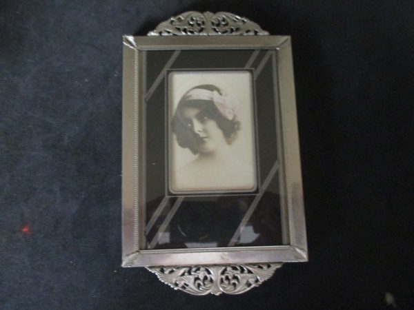 Vintage Art Deco Tray with Art Deco Photo Silver metal black and silver trim miniature tray collectible display cottage farmhouse home decor
