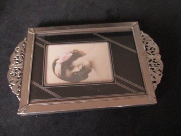 Vintage Art Deco Tray with Art Deco Photo Silver metal black and silver trim miniature tray collectible display cottage farmhouse home decor