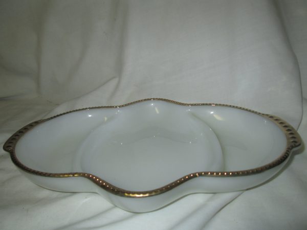 Vintage Fire King White Milk Glass Serving Dish Glass Tray Gold Trim Divided Entertaining Dining