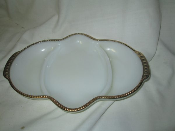 Vintage Fire King White Milk Glass Serving Dish Glass Tray Gold Trim Divided Entertaining Dining
