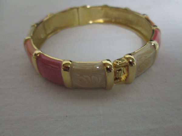 Vintage Gold tone bracelet Enameled Ivory Peach Coral with gold trim Spring Bracelet
