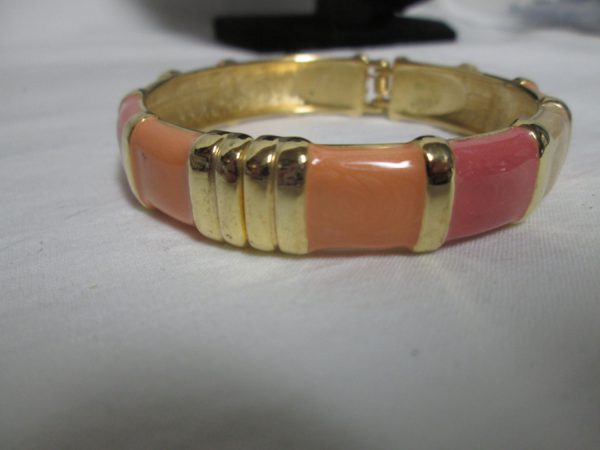 Vintage Gold tone bracelet Enameled Ivory Peach Coral with gold trim Spring Bracelet