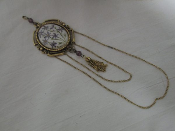 Vintage Hand Painted Porcelain Necklace Drop with hanging chains and a tassel with purple beads (no Chain)