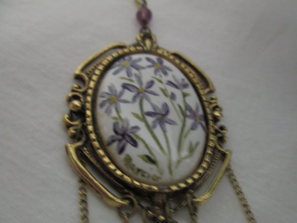 Vintage Hand Painted Porcelain Necklace Drop with hanging chains and a tassel with purple beads (no Chain)