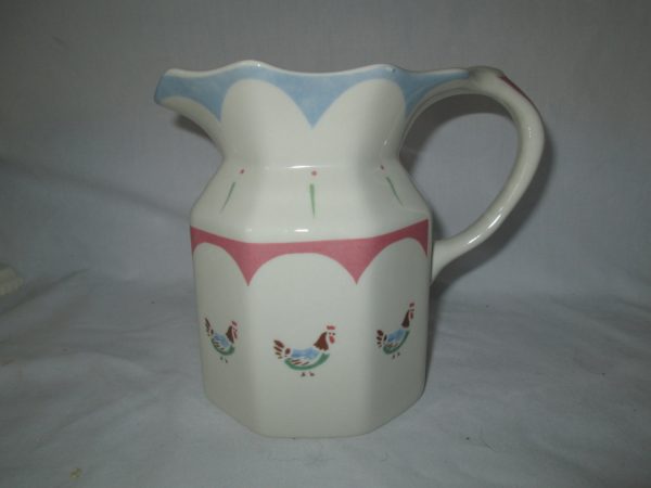 Vintage Johnson Bro England Farmhouse Chic Roosters Blue pink Green brown Great Shabby chic farmhouse pitcher stoneware water pitcher