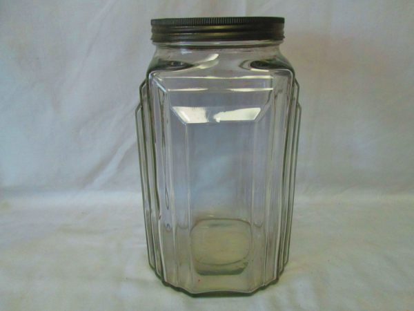 Vintage Large Apothecary Jar with metal lid Unique Art Deco Design Collectible storage kitchen decor dog treats candy buttons marbles