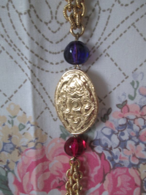 Vintage Mid Century Liz Claiborne Gold Tone Necklace purple green & pink beads