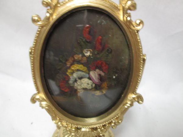 Vintage Miniature photo in gold metal frame on stand hand painted floral on tin