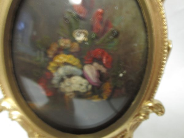 Vintage Miniature photo in gold metal frame on stand hand painted floral on tin