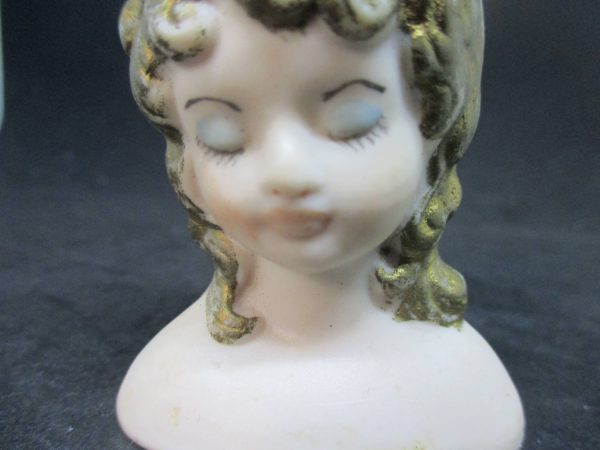 Vintage porcelain Victorian doll head collectible sewing doll making figurine blue eye shadow eyes closed gold hair