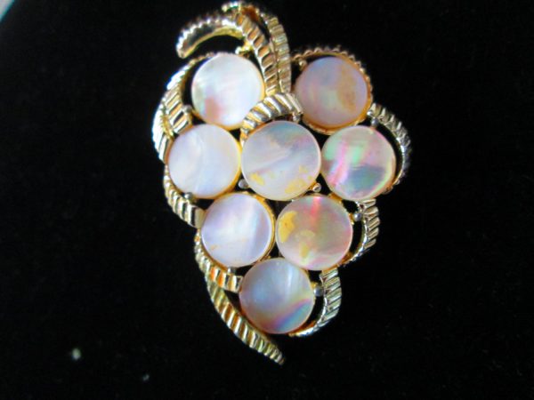 Vintage Pretty Grape Cluster Brooch Pin with Mother of Pearl  Gold Tone