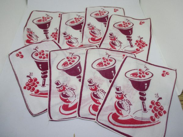 Vintage set of 8 Cocktail Napkins Penguins Stemware and grapes burgundy and red great graphics
