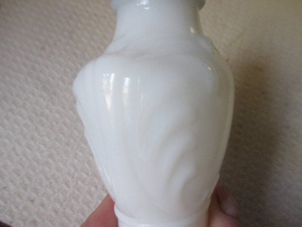 Vintage White Milk Glass Talcum Powder Shaker Scroll patterned glass metal lid Victorian Style decor vanity collectible display farmhouse