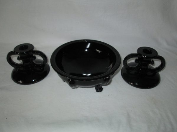 1940's Art Deco Black Amethyst Glass Footed Center bowl with Candlestick Holder pair