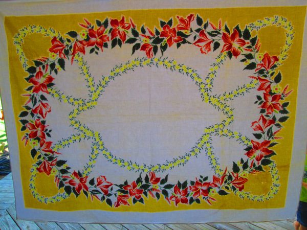 52x66 100% Printed Cotton Vintage Tablecloth Reds Yellows and Grey Beautiful Floral